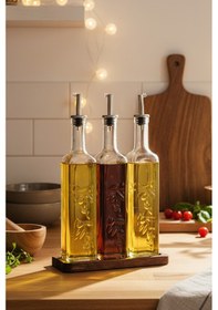 Resim Snippy Safir - Ahşap Standlı 3'lü Cam Damlatmaz Yağlık Sirkelik Zeytinyağı Sıvıyağ Şişesi Yağlık 500ml Ahşap 