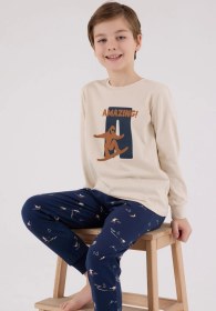 Resim Arnetta Garson Erkek Çocuk Amazing %100 Pamuk 4 Mevsim Baba-oğul Uzun Kollu Pijama Takım Bej 