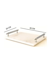 Resim Gümüş Saplı Mermer Çok Amaçlı Sunum Tepsisi - Söz & Nişan Yüzük Tepsisi Beyaz- Altın 