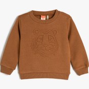 Resim Erkek Bebek Sweatshirt Bisiklet Yaka Uzun Kollu Kaplan Kabartma Baskılı 