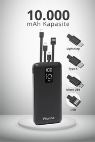 Resim Piranha 9030 LCD Göstergeli 10.000mAh Powerbank Hızlı Şarj / Type-C-USB-iOS Lightning-Micro USB Çoklu Kablo 
