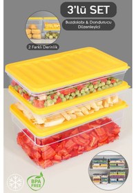 Resim 3'lü Buzdolabı Organizer Set Düzenleyici Saklama Kabı Derin Ve Sığ Mikrodalga Difriz Kabı M Sarı 