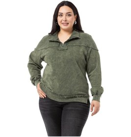 Resim Büyük Beden Pis Dikişli Fermuarlı Yırtmaçlı Parça Boyalı Haki Sweatshirt-haki Haki 