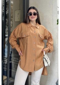 Resim WeShaya Kadın Taba Balon Kol, Pileli, Yırtmaçlı, Oversize, Keten Tunik Gömlek Bej 