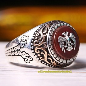 Resim 925 Sterling Double-Headed Eagle Agate Aqeeq Stone Mens Ring - US: 11 / 65 mm / Turk: 25 