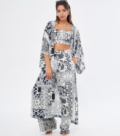 Resim Kimono 3 Parça Büstiyerli Siyah Desenli Renk Alt-Üst Takım (Medine İpeği) - SİYAH DESENLİ / S 