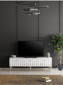 Resim 180 CM DUBAİ METAL AYAK-MDF MEBRAN KAPAK TV SEHPASI BEYAZ - GÜMÜŞ 