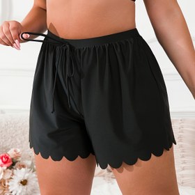 Resim Plus Beden Yüksek Bel Kadın Mayo Boks Şortları - Dalgalı Kenarlı Esnek Konforlu, Güneşlenme, Yüzme & Günlük Plaj Giyimi için Katı Siyah Opak Kumaş, Kıvrım Plus Mayo, Büzgülü Bel Bandı 