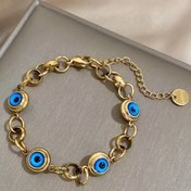 Resim Vintage Altın Tonlu Titanyum Çelik Bilezik | Nazar Boncuğu Süslemeli Derin Mavi Cam Ayrıntılı | Ayarlanabilir Zincir Bağlantısı | Günlük Kullanım ve Partiler İçin İdeal | Kadın Moda Aksesuarı 