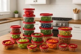 Resim Rubbermaid Easy Find Lids 38 Parça Saklama Kabı Seti - Kırmızı Kapaklı, BPA Free, Mikrodalga & Bulaşık Makinesi Uyumlu 