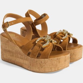 Resim Desa Kadın Taba Taşlı Toka Aksesuarlı Slingback Süet Dolgu Topuklu Sandalet 
