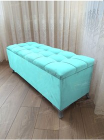 Resim Çizgi Kapitoneli Sandıklı Puf 90 Cm Gümüş Ayak Turkuaz 