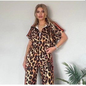 Resim Defymoda Kadın Dalgıç Kumaş Dijital Leopar Baskılı Şerit Detaylı Takım Leopar 