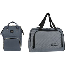 Resim barberri Anne Bebek Bakım Gri Klasik Sırt Çantası ve Kapitoneli Küçük Boy Spor El Valizi 