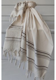 Resim Krem Çizgili Havlu Peştemal 90x170 - %100 Pamuk & Yumuşak Krem 
