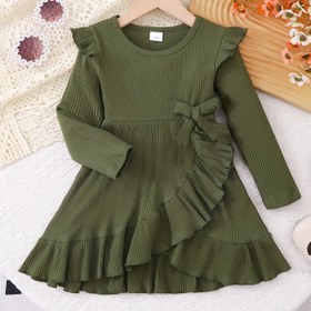 Resim Kızlar için Zeytin Yeşili Parti ve Günlük Elbise - Yumuşak Uzun Kollu, Yan Kurdeleli Geniş Etek, Makinede Yıkanabilir Okul, Doğum Günü, Aile Gezileri İçin - İlkbahar/Sonbahar Kız Giyim, Sonbahar Çıkış Kıyafeti, Orta Esneklik 
