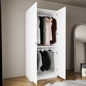 Resim Bimossa KA80 Goss Tekli 2 Kapaklı Gardırop, Alt Üst Askılı, Kulplu, Modern Tasarım Beyaz Giysi Dolabı 