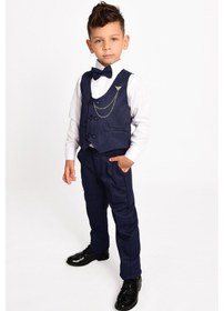 Resim Merdia Kids Erkek Çocuk Smokin Takım Elbise Gömlek, Pantolon, 6 Düğmeli Yelekli, Papyonlu, Zincirli Lacivert 