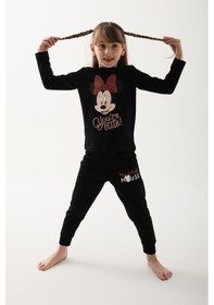 Resim Minnie Mouse Siyah Kız Çocuk Uzun Kol Pijama Takım Siyah 