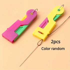 Resim 2'li Paket Otomatik İğne Geçiriciler - Yaşlılar ve Görme Engelliler için Kolay Dikiş Aracı, Hızlı ve Pratik Kullanım, Karışık Renkler (Pembe, Yeşil, Sarı) Metal Tel Halka ile 