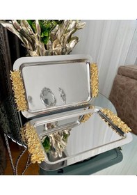 Resim Atabey Home Collection 1 Adet Tekli Kahve & Çay & Sunum Dikdörtgen Büyük Sunum Tepsisi Çelik Gül Model Gold 30 Cm 