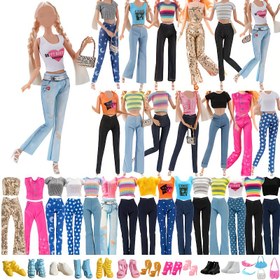 Resim 20 adet 30 cm/11.82 kadın bebek kıyafeti, rastgele tarzlar 6 adet pantolon, 6 adet üst, 5 çift ayakkabı, 2 çanta, 1 başlık çok iyi hediye, Noel, doğum günü hediyesi, bebekler dahil değildir 