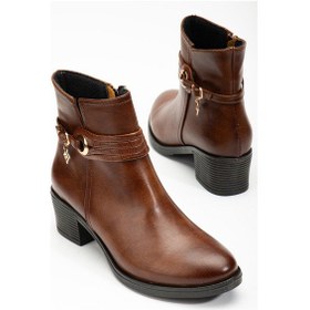 Resim Kadın Topuklu Bot Günlük Taba Biyeli Kalın Topuklu-3205 Taba 