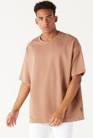 Resim Erkek Vizon Oversize Bol Kesim Bisiklet Yaka Kısa Kollu Sweatshirt Tişört 