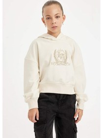 Resim DeFacto Kız Çocuk Ekru Oversize Geniş Kalıp Kapüşonlu İşlemeli Kalın Sweatshirt D2885A824WNER233 