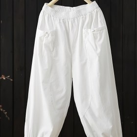 Resim Kadınların Vintage Düğmeli Bol Düz Rahat Harem Pantolonları 