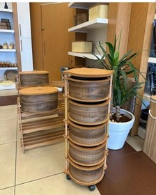 Resim Ahşap Yuvarlak Sebzelik 5 Katlı Yana Açılır Patates Soğan Tekerlekli Sebzelik Kahverengi 