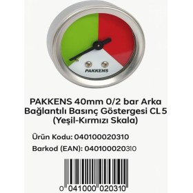 Resim Normadia 40MM 0/2 Bar Arka Bağlantılı Basınç Göstergesi, Yeşil-Kırmızı Skala 