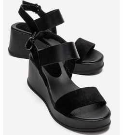 Resim Luvishoes Lolanthe Siyah Cilt Siyah Süet Hakiki Deri Kadın Dolgu Topuklu Sandalet 