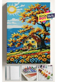 Resim Sayılarla Boyama Seti Numaralı Tuval Fırça Boya Dahil Kasnaklı Set 50x70 Cm - Güneş Ve Ev 