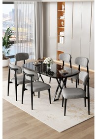 Resim Canisa Jolin Serisi Mdf 90x168 Siyah Mermer Desen Masa Takımı 6 Gri Metal Sandalye Masa Siyah Mermer Desen Sandalyeler Gri 
