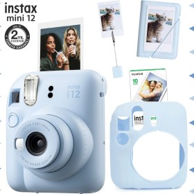 Resim Fujifilm Instax Mini 12 Mavi Fotoğraf Makinesi - 10'lu Film - Kıskaçlı Stand - Mini Albüm ve Silikon Kılıf Seti 