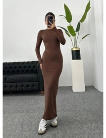 Resim Kadın Uzun Kollu Maxi Elbise Sütlü Kahve 