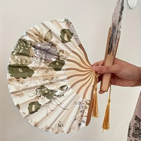 Resim Tül ile Vintage Ahşap El Fanı, Elegant Retro Mürekkep Boyama Zanaat, Taşınabilir Elde Tutulan Mükemmel Aksesuar 