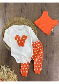Resim Puantiyeli Fiyonklu Bereli Alttan Çıtçıtlı Kız Bebek Takım Turuncu 