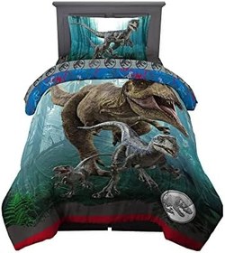 Resim Jurassic World Dominion Mavi Velociraptor ve Rexy T-Rex Süper Yumuşak Mikrofiber Ters Çevrilebilir Yorgan, Çift Boy, Franco Kids'den Yatak Takımı 