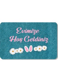 Resim Dijital Baskılı Kapı Önü Paspas Hoşgeldiniz Yazılı Çiçek Desen Ve Tavşan Iç Ve Dış Kapı Yıkanabilir Beyaz 