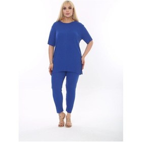 Resim Modasehle Kadın Kısa Kollu Beli Lastikli Yırtmaçlı Rahat Kalıp İkili Pijama Takım Saks 