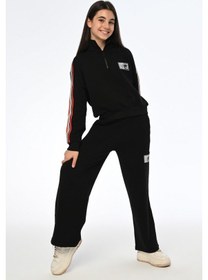 Resim Kız Çocuk Yarım Fermuarlı Kolları Şeritli Dik Yaka Sweatshirt-13399-siyah Siyah 