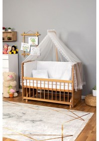 Resim Ahşap Beşik Anne Yanı Beşik Vernikli 60x120 - Beyaz Güpür Uyku Seti + Yatak Ahşap 