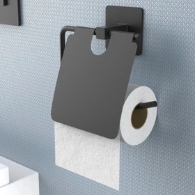 Resim Kendiliğinden Yapışkanlı Siyah Paslanmaz Metal Kapaklı Tuvalet Kağıtlığı Aparatı 