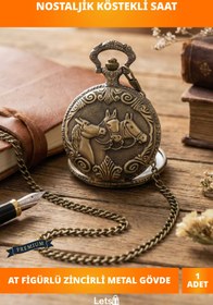 Resim Letsii Antika Bronz At Figürlü Vintage Köstekli Saat 