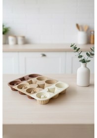 Resim 12'li Silikon Cupcake Kalıbı Kek Ve Kurabiye Kalıp Seti Çok Amaçlı Pişirme Kalıbı Bej 