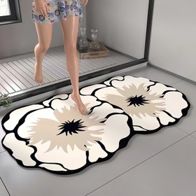 Resim 1 Adet Çiçek Desenli Diatomit Banyo Kaymaz Paspas, Dekoratif Zemin Halısı, Süper Emici ve Hızlı Kuruyan Duş Matı, Kolay Temizlenir, Güçlü Yapışma Özellikli Kaydırmaz Ped 