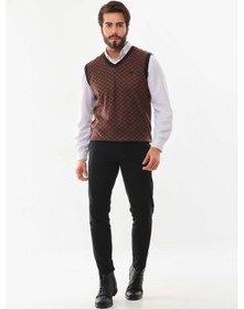 Resim Pelikan Erkek V Yaka Desenli Süveter 7623 Kahverengi 