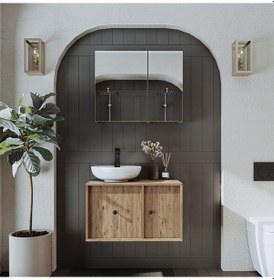 Resim Lavabolu Mdf 75 Cm Çekmeceli Dolabı + Aynalı Üst Dolabı Atl Atlantik Çam 